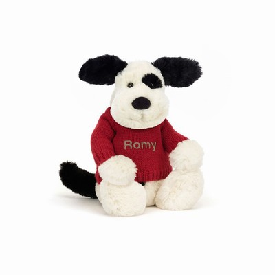 Jellycat Bashful Black & Cream Puppy with Red Jumper USA | 93562CJFO